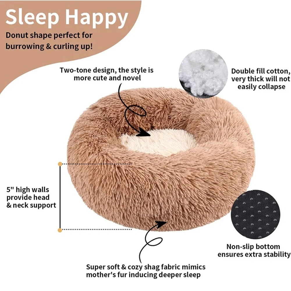 Calming Anxiety Round Donut Pet Bed Washable Anti-Slip Faux Fur Cuddler Brown L